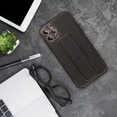 Apple iPhone 15 Case LEATHER Case Kickstand Black 