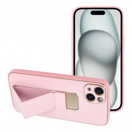 Apple iPhone 15 Plus Case LEATHER Case Kickstand Pink 