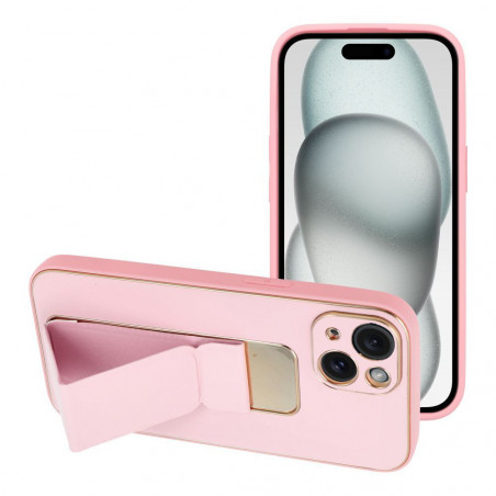 Apple iPhone 15 Case LEATHER Case Kickstand Pink 