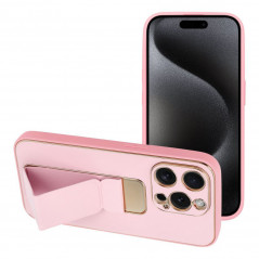 Apple iPhone 15 Pro Case LEATHER Case Kickstand Pink