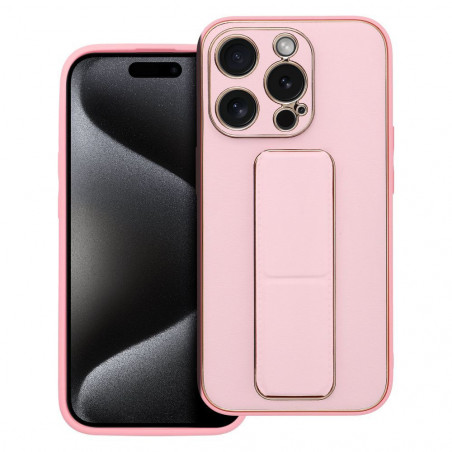 Apple iPhone 15 Pro Case LEATHER Case Kickstand Pink