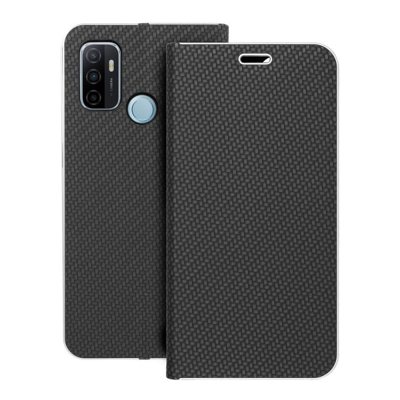 Oppo A55 5G Wallet Cases LUNA Book Carbon Carbon Fibre, Elegant  Black 