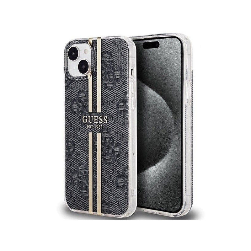 Apple iPhone 15 Plus Case Guess 4G Gold Stripe Elegant  Black 