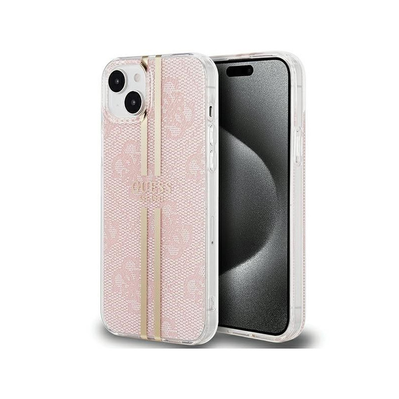 Apple iPhone 15 Plus Case Guess 4G Gold Stripe Elegant  Pink 