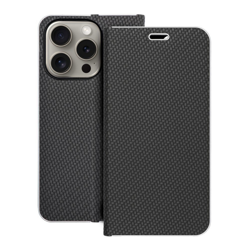 Apple iPhone 15 Pro Wallet Cases LUNA Book Carbon Carbon Fibre, Elegant  Black 