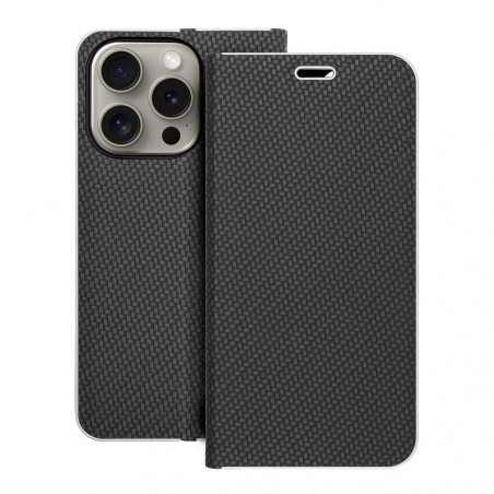 Apple iPhone 15 Pro Wallet Cases LUNA Book Carbon Carbon Fibre, Elegant  Black 