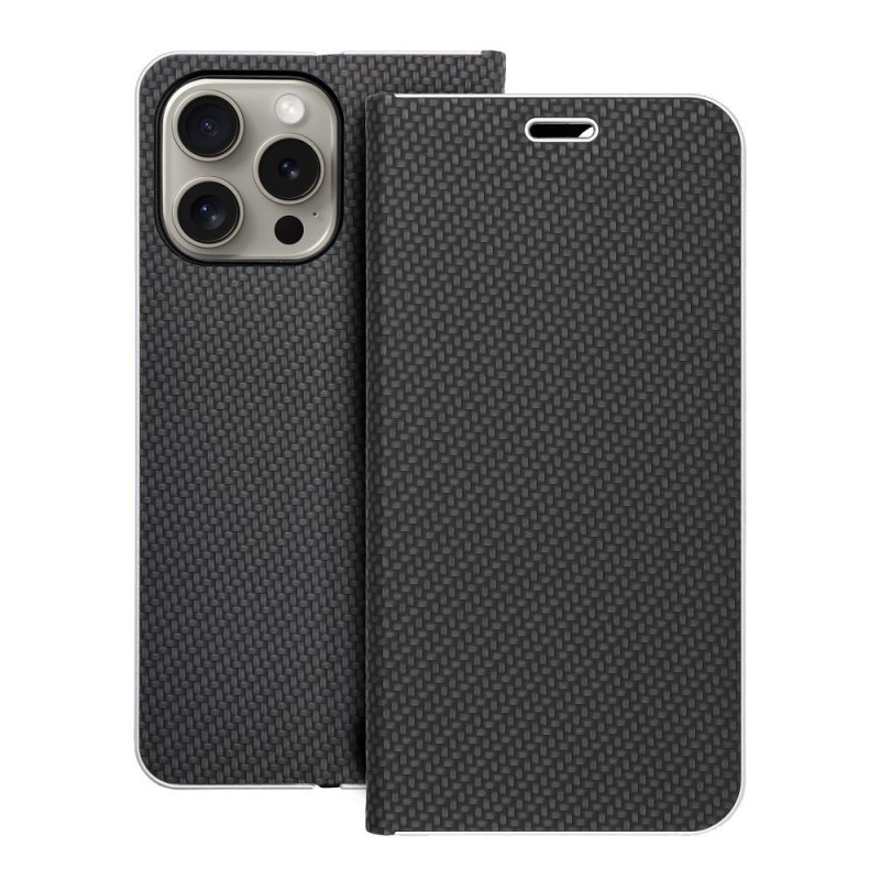 Apple iPhone 15 Pro Max Wallet Cases LUNA Book Carbon Carbon Fibre, Elegant  Black 