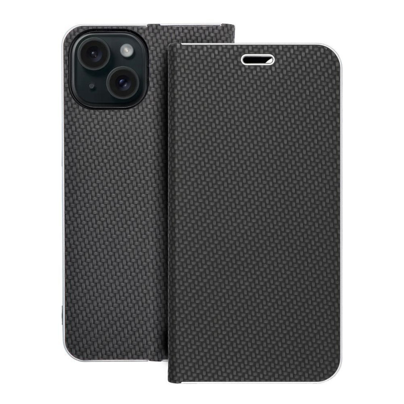 Apple iPhone 15 Wallet Cases LUNA Book Carbon Carbon Fibre, Elegant  Black 