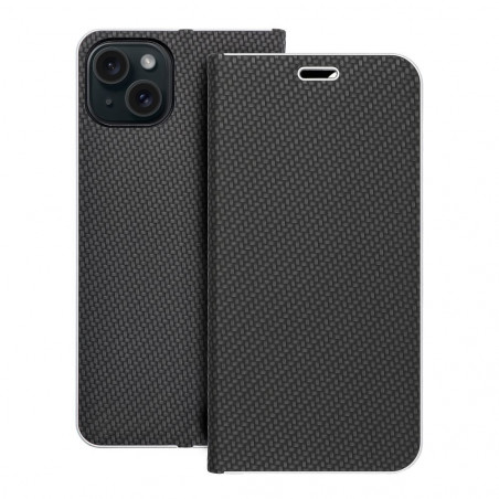 Apple iPhone 15 Plus Wallet Cases LUNA Book Carbon Carbon Fibre, Elegant  Black 