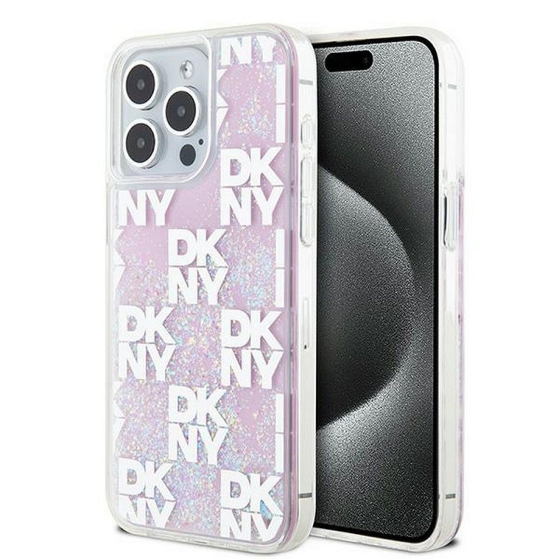 Apple iPhone 15 Pro Max Case DKNY Liquid Glitters Checkered Pattern Pink 