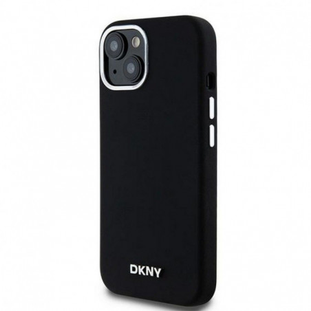 Apple iPhone 15 Plus Case DKNY Silicone Horizontal Metal Logo MagSAFE  Black