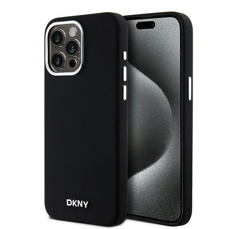 Apple iPhone 15 Pro Max Case DKNY Silicone Horizontal Metal Logo MagSAFE  Black 