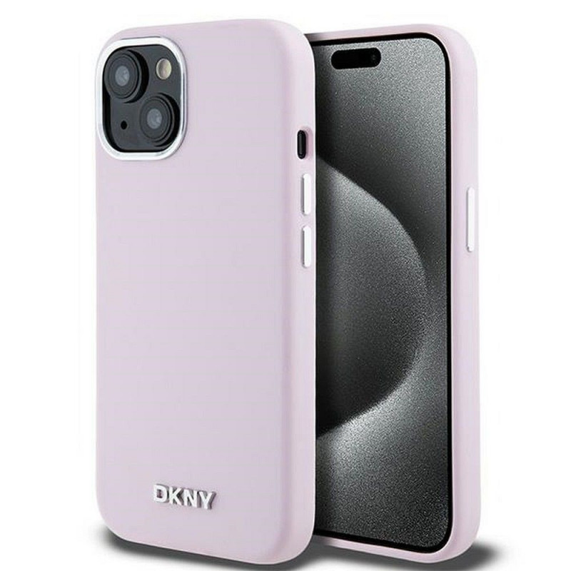 Apple iPhone 15 Case DKNY Silicone Horizontal Metal Logo MagSAFE  Pink 