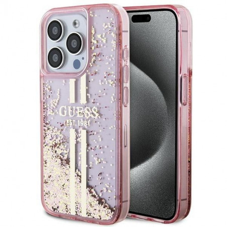 Apple iPhone 15 Pro Max Case Guess Liquid Glitter Gold Stripes Pink 