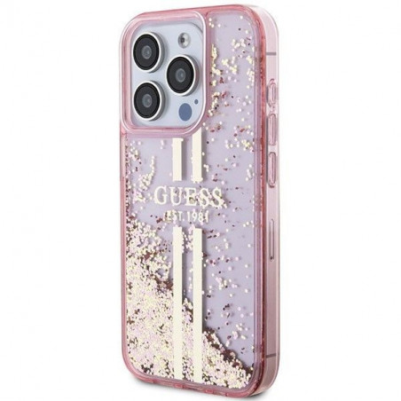 Apple iPhone 15 Pro Max Case Guess Liquid Glitter Gold Stripes Pink