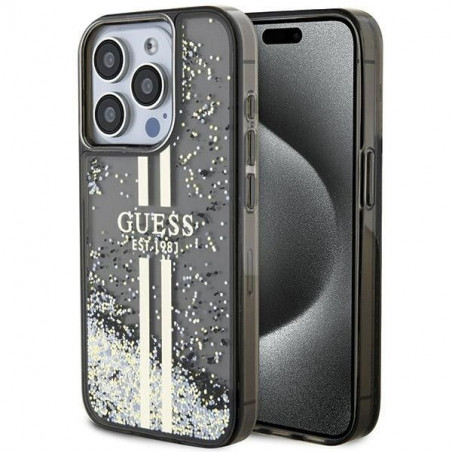 Apple iPhone 15 Pro Case Guess Liquid Glitter Gold Stripes Black