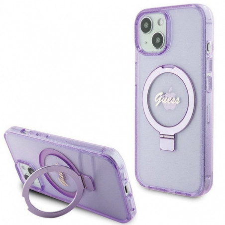 Apple iPhone 15 Plus Case Guess Glitter Script Logo - Ring stand MagSAFE  Purple 