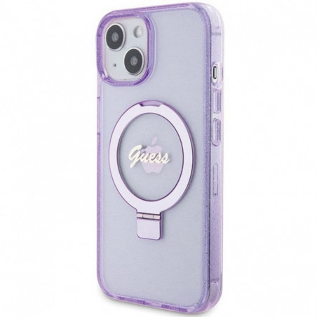 Apple iPhone 15 Plus Case Guess Glitter Script Logo - Ring stand MagSAFE  Purple 