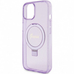 Apple iPhone 15 Plus Case Guess Glitter Script Logo - Ring stand MagSAFE  Purple 