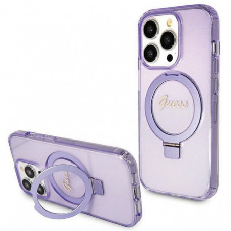 Apple iPhone 15 Pro Case Guess Glitter Script Logo - Ring stand MagSAFE  Purple