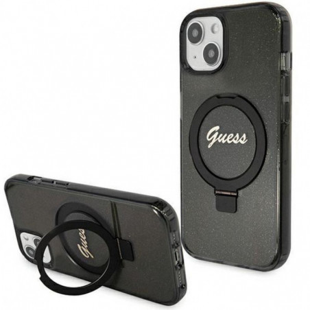 Apple iPhone 15 Case Guess Glitter Script Logo - Ring stand MagSAFE  Black