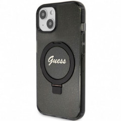 Apple iPhone 15 Case Guess Glitter Script Logo - Ring stand MagSAFE  Black