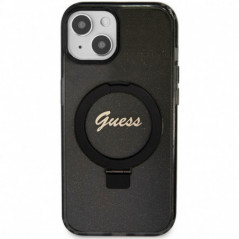 Apple iPhone 15 Case Guess Glitter Script Logo - Ring stand MagSAFE  Black 