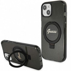 Apple iPhone 15 Plus Case Guess Glitter Script Logo - Ring stand MagSAFE  Black