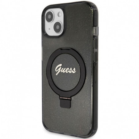 Apple iPhone 15 Plus Case Guess Glitter Script Logo - Ring stand MagSAFE  Black