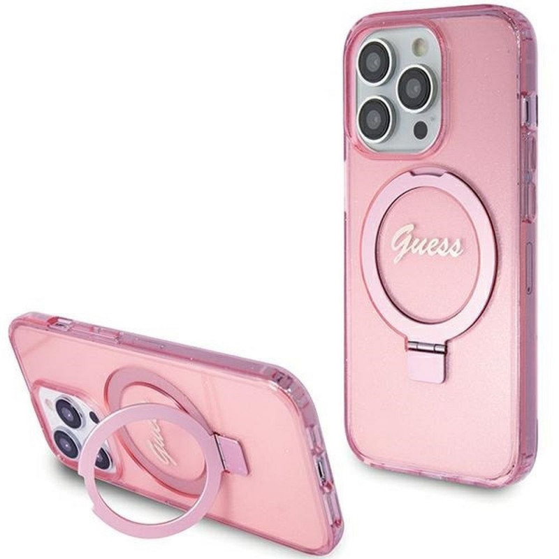 Apple iPhone 15 Pro Case Guess Glitter Script Logo - Ring stand MagSAFE  Pink 