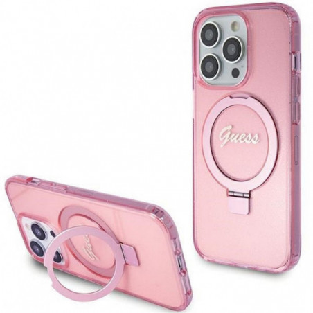 Apple iPhone 15 Pro Case Guess Glitter Script Logo - Ring stand MagSAFE  Pink