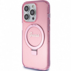 Apple iPhone 15 Pro Case Guess Glitter Script Logo - Ring stand MagSAFE  Pink 