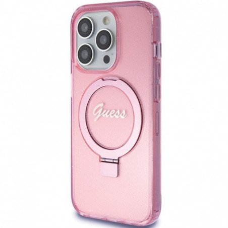 Apple iPhone 15 Pro Case Guess Glitter Script Logo - Ring stand MagSAFE  Pink