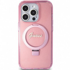 Apple iPhone 15 Pro Case Guess Glitter Script Logo - Ring stand MagSAFE  Pink 