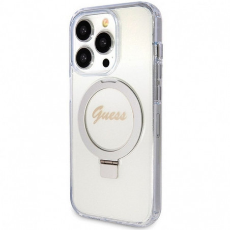 Apple iPhone 15 Pro Case Guess Glitter Script Logo - Ring stand MagSAFE  Transparent