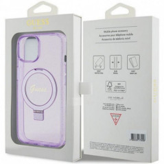 Apple iPhone 15 Case Guess Glitter Script Logo - Ring stand MagSAFE  Purple 