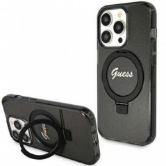 Apple iPhone 15 Pro Case Guess Glitter Script Logo - Ring stand MagSAFE  Black