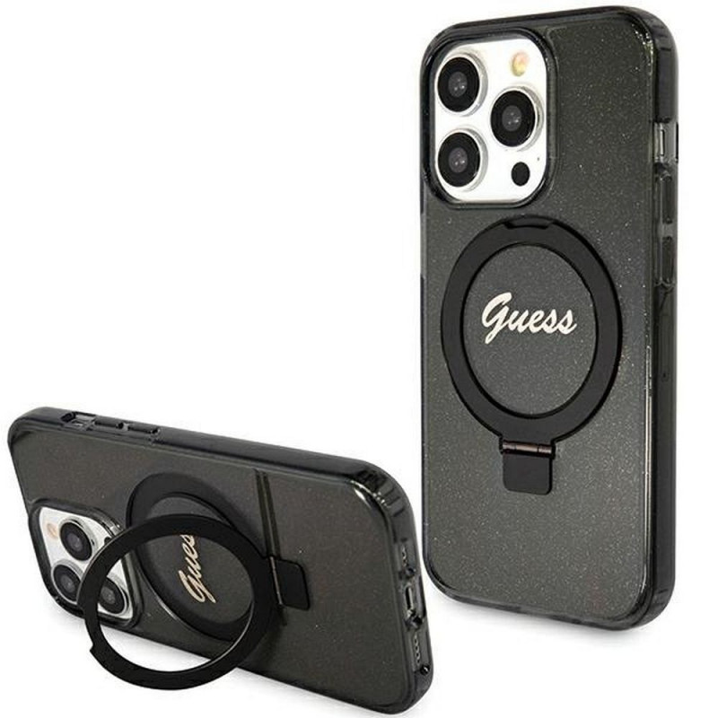 Apple iPhone 15 Pro Case Guess Glitter Script Logo - Ring stand MagSAFE  Black 