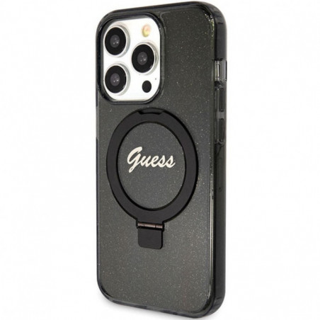 Apple iPhone 15 Pro Case Guess Glitter Script Logo - Ring stand MagSAFE  Black 