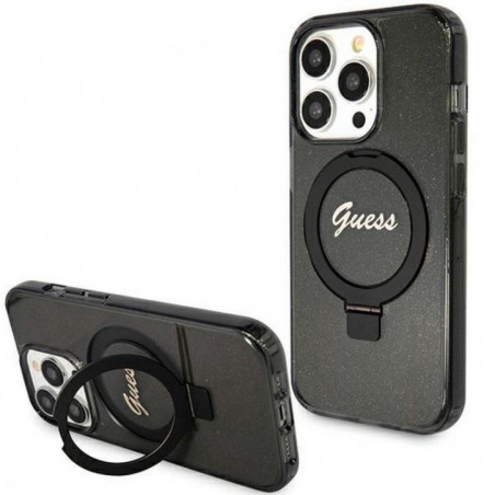 Apple iPhone 15 Pro Max Case Guess Glitter Script Logo - Ring stand MagSAFE  Black