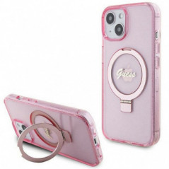 Apple iPhone 15 Case Guess Glitter Script Logo - Ring stand MagSAFE  Pink