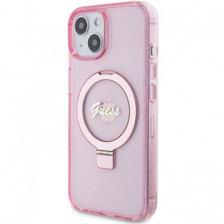 Apple iPhone 15 Case Guess Glitter Script Logo - Ring stand MagSAFE  Pink 