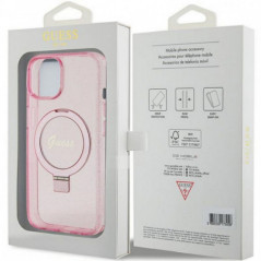 Apple iPhone 15 Case Guess Glitter Script Logo - Ring stand MagSAFE  Pink 