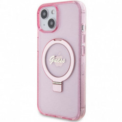 Apple iPhone 15 Plus Case Guess Glitter Script Logo - Ring stand MagSAFE  Pink