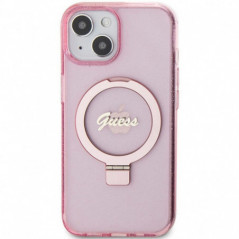 Apple iPhone 15 Plus Case Guess Glitter Script Logo - Ring stand MagSAFE  Pink 