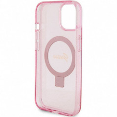 Apple iPhone 15 Plus Case Guess Glitter Script Logo - Ring stand MagSAFE  Pink 