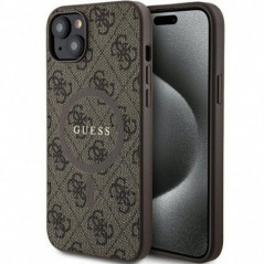 Apple iPhone 15 Plus Case Guess Leather 4G Metal Logo Brown 