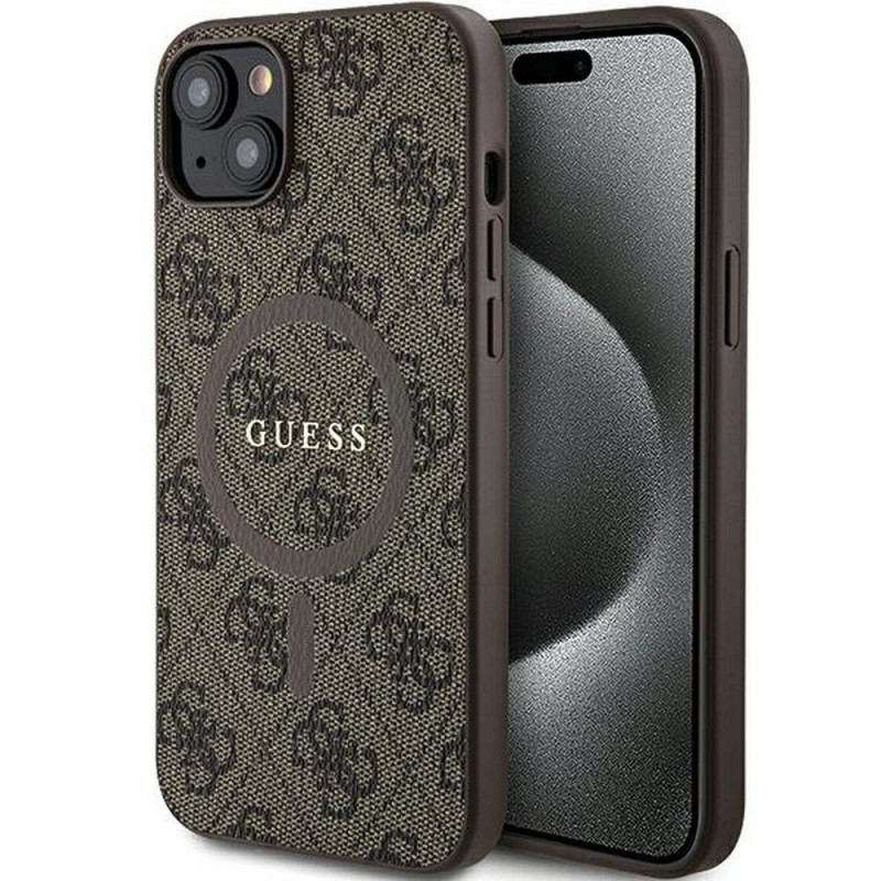 Apple iPhone 15 Plus Case Guess Leather 4G Metal Logo Brown 